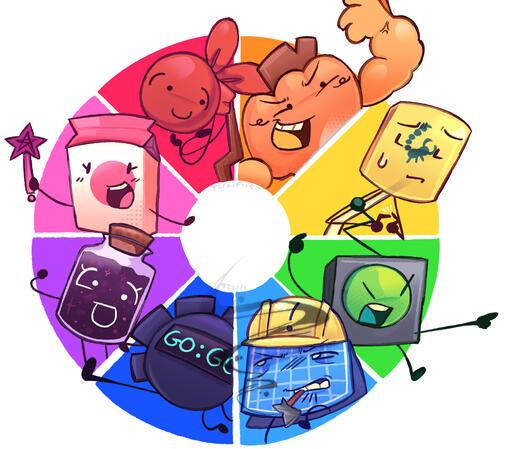 Color wheel challenge with some characters from Dial it; Battle show! a good first drawing to kick off the year. DRAWN ON: Procreate