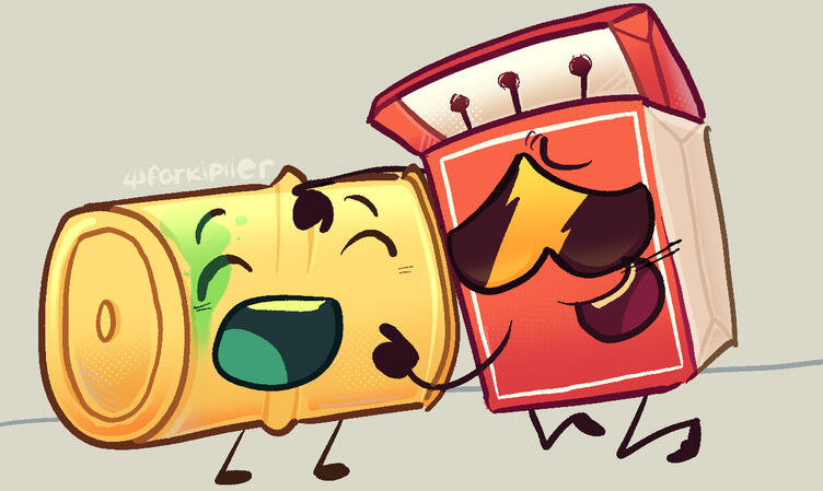 A DIBS! screenshot redraw! Characters pictured in the image are Matchbox and Toxic Waste Barrel. DRAWN ON: Procreate