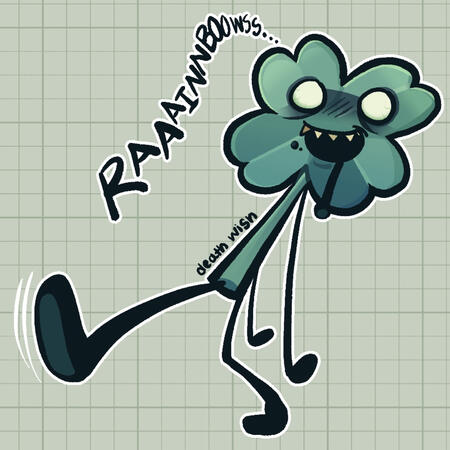 Tentro17’s character Death Wish. I drew this while on VC with him! They’re a friendly zombie, so instead of the usual “brains”, i made them say “rainbows”. I know, my mind is a big and beautiful place. DRAWN ON: Procreate